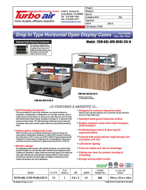 Turbo Air TOM-60L-UFD-B-2SI-N 60" Drop-In Horizontal Open Air Cooler w/ (2) Levels – Black Exterior, 115v - Bakery Wholesalers