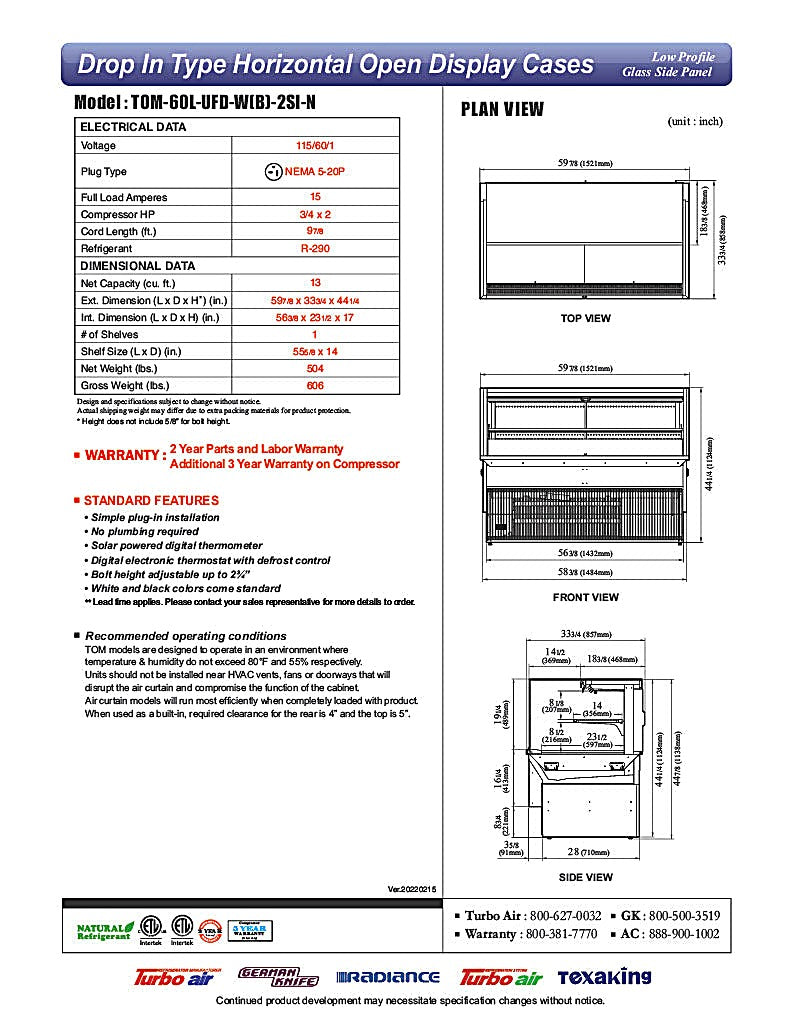 Turbo Air TOM-60L-UFD-W-2SI-N 60" Drop-In Horizontal Open Air Cooler w/ (2) Levels – White Exterior, 115v - Donut-Equipment.com