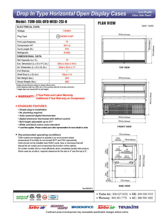 Turbo Air TOM-60L-UFD-W-2SI-N 60" Drop-In Horizontal Open Air Cooler w/ (2) Levels – White Exterior, 115v - Bakery Wholesalers