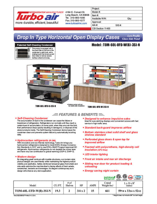 Turbo Air TOM-60L-UFD-W-3SI-N 60" Drop-In Horizontal Open Air Cooler w/ (3) Levels – White Exterior, 115v - Bakery Wholesalers