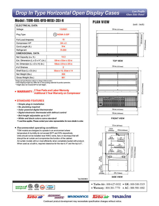 Turbo Air TOM-60L-UFD-B-3SI-N 60" Drop-In Horizontal Open Air Cooler w/ (3) Levels – Black Exterior, 115v - Bakery Wholesalers