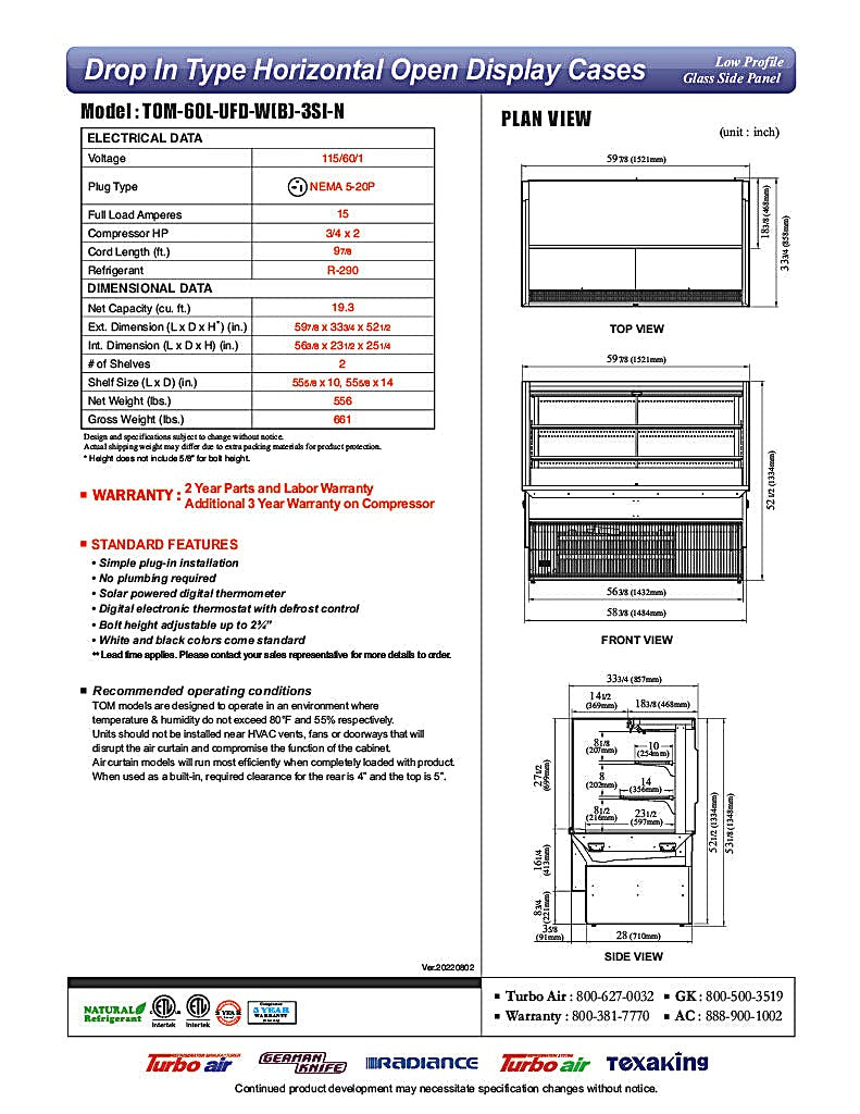 Turbo Air TOM-60L-UFD-W-3SI-N 60" Drop-In Horizontal Open Air Cooler w/ (3) Levels – White Exterior, 115v - Donut-Equipment.com