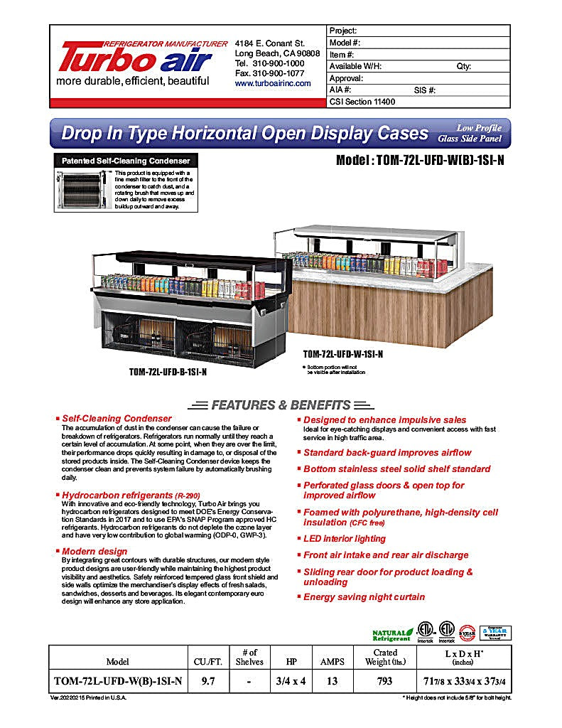 Turbo Air TOM-72L-UFD-W-1SI-N 72" Drop-In Horizontal Open Air Cooler w/ (1) Level – White Exterior, 220v/1ph - Donut-Equipment.com