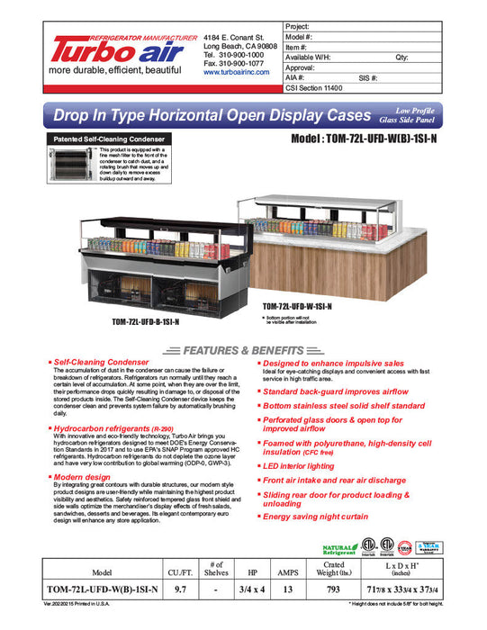 Turbo Air TOM-72L-UFD-W-1SI-N 72" Drop-In Horizontal Open Air Cooler w/ (1) Level – White Exterior, 220v/1ph - Bakery Wholesalers