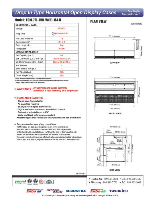 Turbo Air TOM-72L-UFD-W-1SI-N 72" Drop-In Horizontal Open Air Cooler w/ (1) Level – White Exterior, 220v/1ph - Bakery Wholesalers