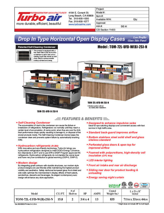 Turbo Air TOM-72L-UFD-B-2SI-N 72" Drop-In Horizontal Open Air Cooler w/ (2) Levels – Black Exterior, 220v/1ph - Bakery Wholesalers