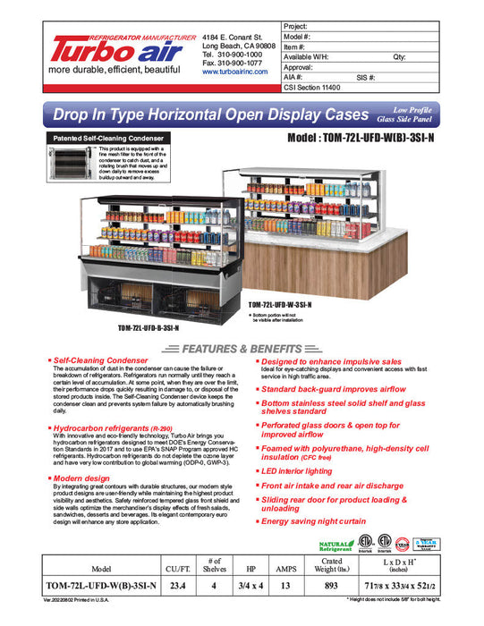 Turbo Air TOM-72L-UFD-B-3SI-N 72" Drop-In Horizontal Open Air Cooler w/ (3) Levels – Black Exterior, 220v/1ph - Bakery Wholesalers