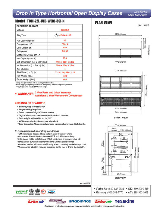 Turbo Air TOM-72L-UFD-B-3SI-N 72" Drop-In Horizontal Open Air Cooler w/ (3) Levels – Black Exterior, 220v/1ph - Bakery Wholesalers