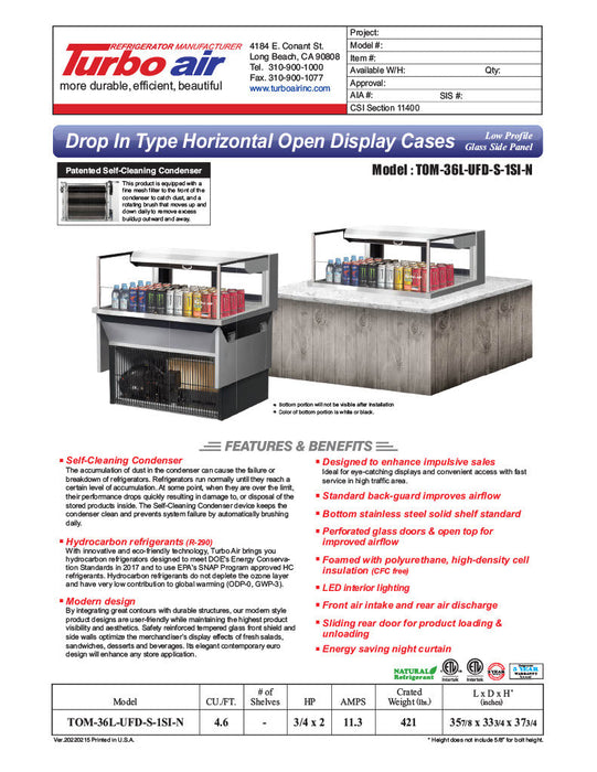 Turbo Air TOM-36L-UFD-S-1SI-N 36" Drop-In Horizontal Open Air Cooler w/ (1) Level – Stainless Steel Exterior, 115v - Bakery Wholesalers