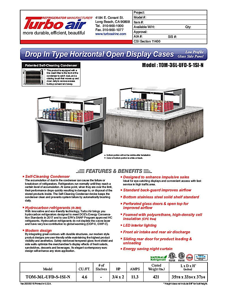 Turbo Air TOM-36L-UFD-S-1SI-N 36" Drop-In Horizontal Open Air Cooler w/ (1) Level – Stainless Steel Exterior, 115v - Donut-Equipment.com