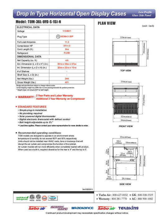Turbo Air TOM-36L-UFD-S-1SI-N 36" Drop-In Horizontal Open Air Cooler w/ (1) Level – Stainless Steel Exterior, 115v - Bakery Wholesalers