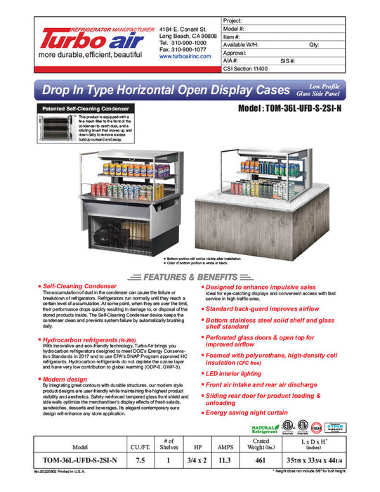 Turbo Air TOM-36L-UFD-S-2SI-N 36" Drop-In Horizontal Open Air Cooler w/ (2) Levels – Stainless Steel Exterior, 115v - Bakery Wholesalers