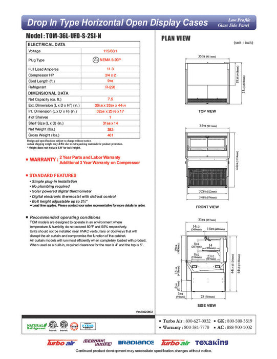 Turbo Air TOM-36L-UFD-S-2SI-N 36" Drop-In Horizontal Open Air Cooler w/ (2) Levels – Stainless Steel Exterior, 115v - Bakery Wholesalers