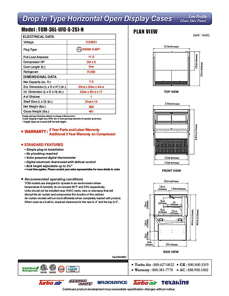 Turbo Air TOM-36L-UFD-S-2SI-N 36" Drop-In Horizontal Open Air Cooler w/ (2) Levels – Stainless Steel Exterior, 115v - Donut-Equipment.com