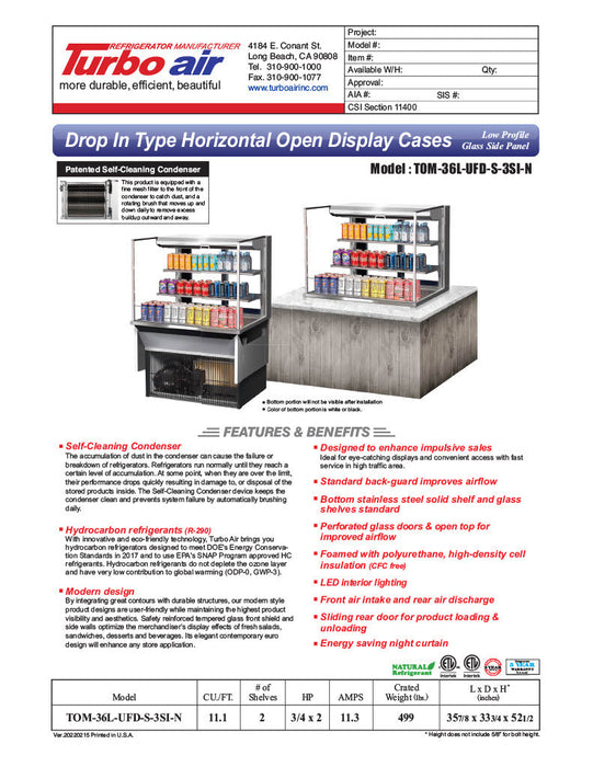 Turbo Air TOM-36L-UFD-S-3SI-N 36" Drop-In Horizontal Open Air Cooler w/ (3) Levels – Stainless Steel Exterior, 115v - Bakery Wholesalers