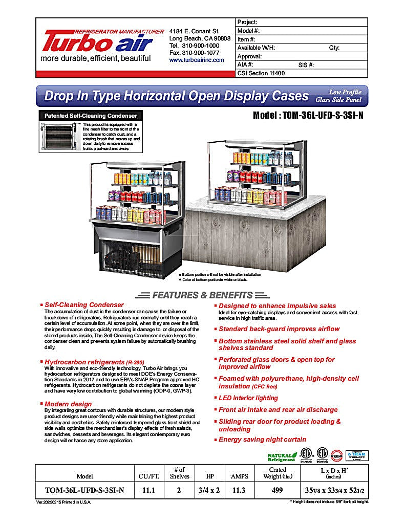 Turbo Air TOM-36L-UFD-S-3SI-N 36" Drop-In Horizontal Open Air Cooler w/ (3) Levels – Stainless Steel Exterior, 115v - Donut-Equipment.com