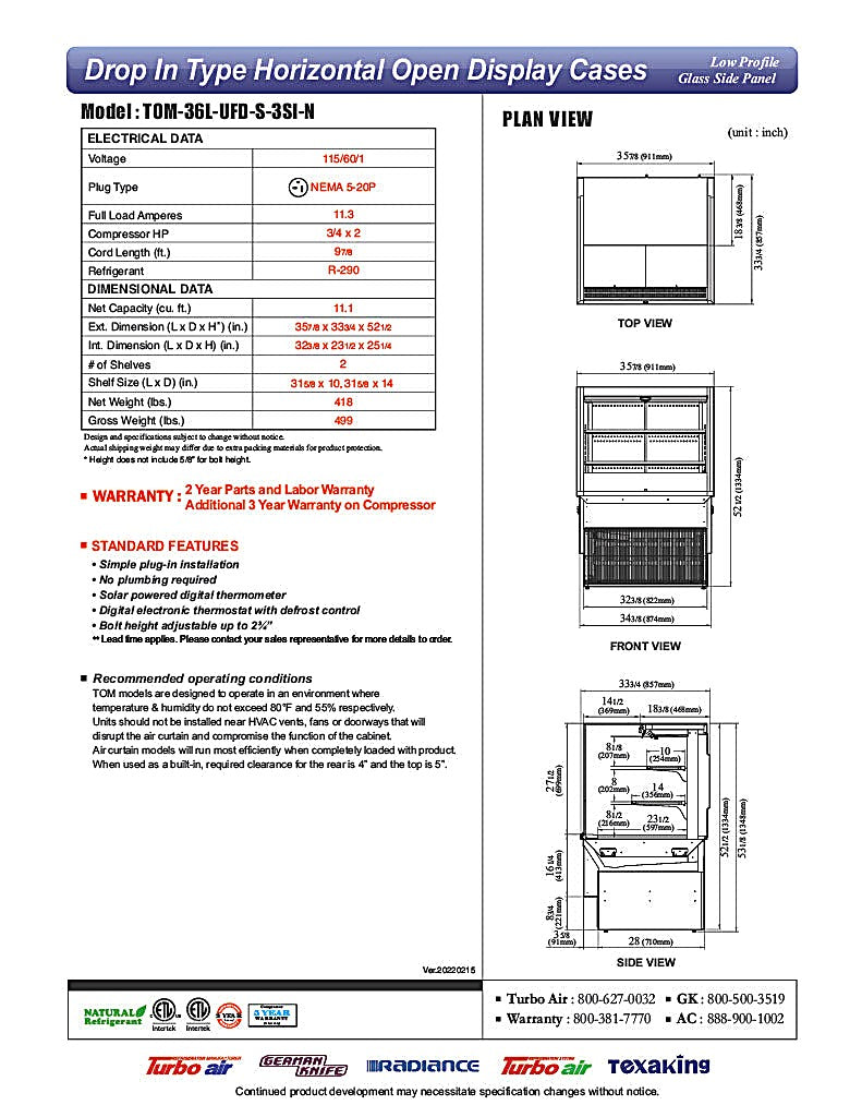 Turbo Air TOM-36L-UFD-S-3SI-N 36" Drop-In Horizontal Open Air Cooler w/ (3) Levels – Stainless Steel Exterior, 115v - Donut-Equipment.com