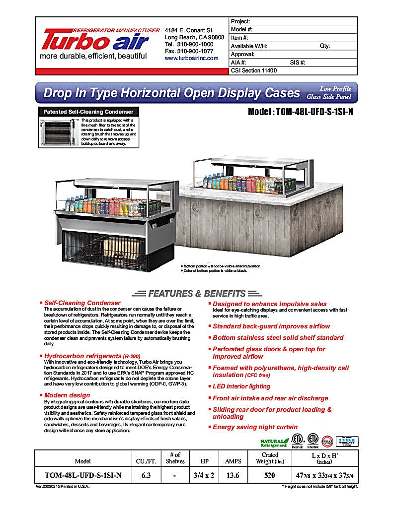 Turbo Air TOM-48L-UFD-S-1SI-N 48" Drop-In Horizontal Open Air Cooler w/ (1) Level – Stainless Steel Exterior, 115v - Donut-Equipment.com