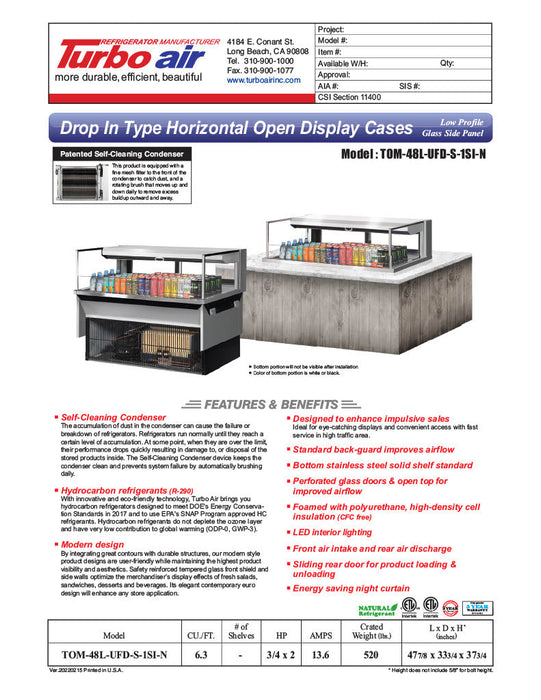 Turbo Air TOM-48L-UFD-S-1SI-N 48" Drop-In Horizontal Open Air Cooler w/ (1) Level – Stainless Steel Exterior, 115v - Bakery Wholesalers