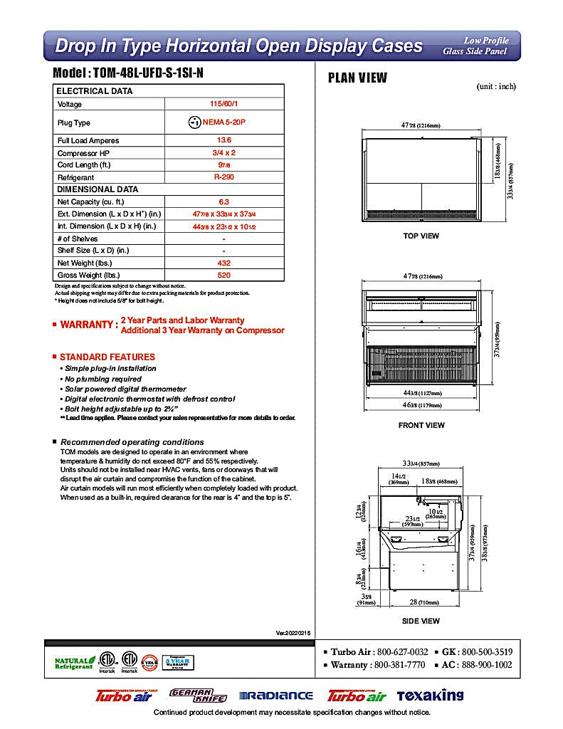 Turbo Air TOM-48L-UFD-S-1SI-N 48" Drop-In Horizontal Open Air Cooler w/ (1) Level – Stainless Steel Exterior, 115v - Donut-Equipment.com