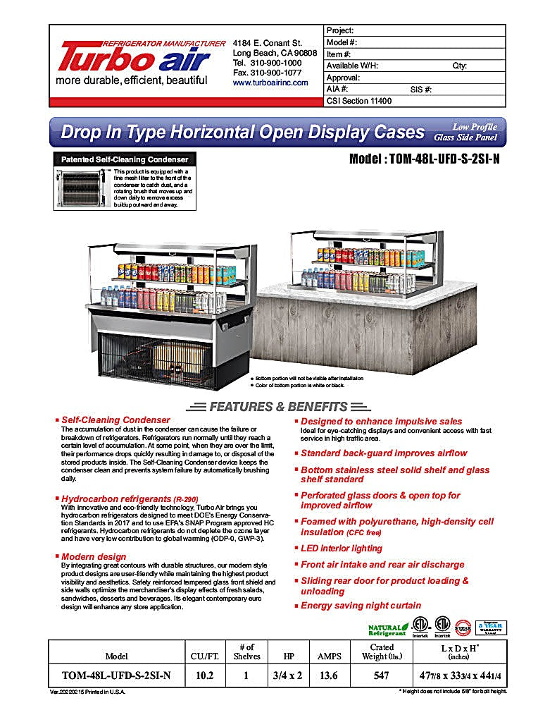 Turbo Air TOM-48L-UFD-S-2SI-N 48" Drop-In Horizontal Open Air Cooler w/ (2) Levels – Stainless Steel Exterior, 115v - Donut-Equipment.com