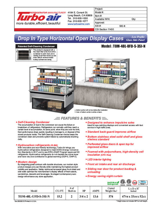 Turbo Air TOM-48L-UFD-S-3SI-N 48" Drop-In Horizontal Open Air Cooler w/ (3) Levels – Stainless Steel Exterior, 115v - Bakery Wholesalers