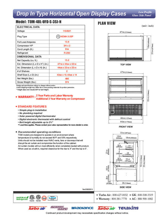 Turbo Air TOM-48L-UFD-S-3SI-N 48" Drop-In Horizontal Open Air Cooler w/ (3) Levels – Stainless Steel Exterior, 115v - Bakery Wholesalers