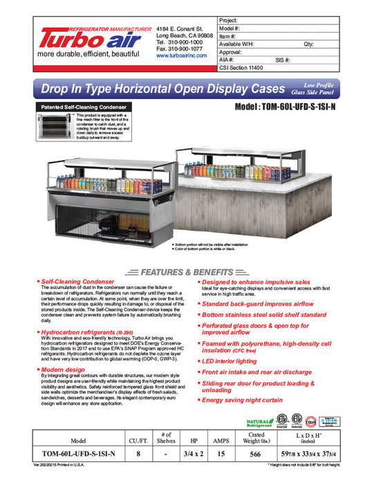 Turbo Air TOM-60L-UFD-S-1SI-N 60" Drop-In Horizontal Open Air Cooler w/ (1) Level – Stainless Steel Exterior, 115v - Bakery Wholesalers