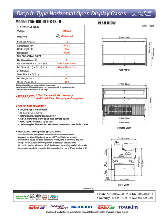 Turbo Air TOM-60L-UFD-S-1SI-N 60" Drop-In Horizontal Open Air Cooler w/ (1) Level – Stainless Steel Exterior, 115v - Bakery Wholesalers