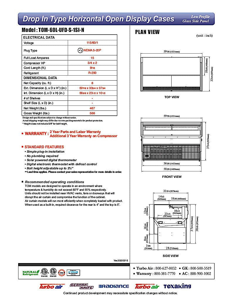 Turbo Air TOM-60L-UFD-S-1SI-N 60" Drop-In Horizontal Open Air Cooler w/ (1) Level – Stainless Steel Exterior, 115v - Donut-Equipment.com