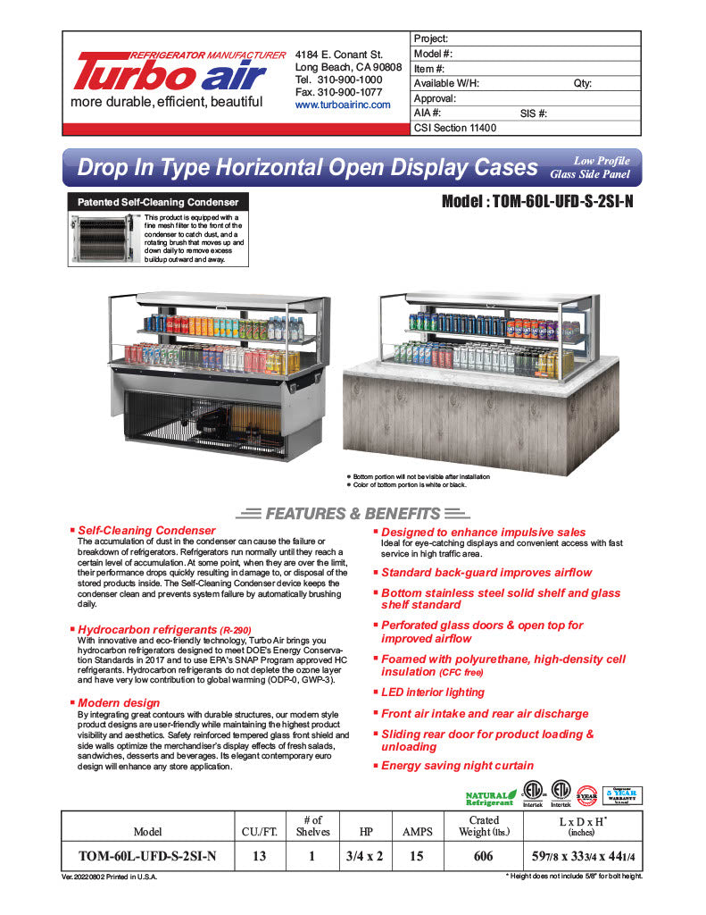 Turbo Air TOM-60L-UFD-S-2SI-N 60" Drop-In Horizontal Open Air Cooler w/ (2) Levels – Stainless Steel Exterior, 115v - Donut-Equipment.com