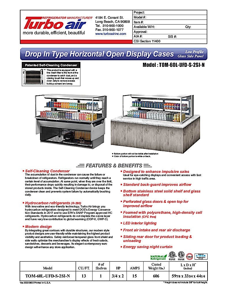 Turbo Air TOM-60L-UFD-S-2SI-N 60" Drop-In Horizontal Open Air Cooler w/ (2) Levels – Stainless Steel Exterior, 115v - Donut-Equipment.com