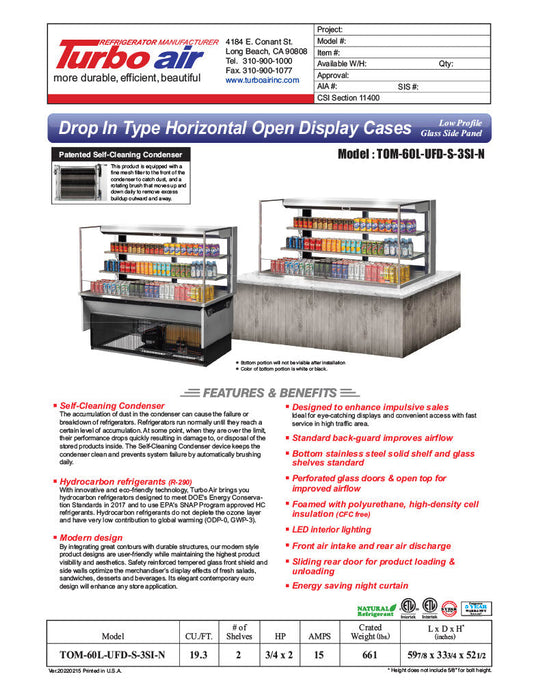 Turbo Air TOM-60L-UFD-S-3SI-N 60" Drop-In Horizontal Open Air Cooler w/ (3) Levels – Stainless Steel Exterior, 115v - Bakery Wholesalers