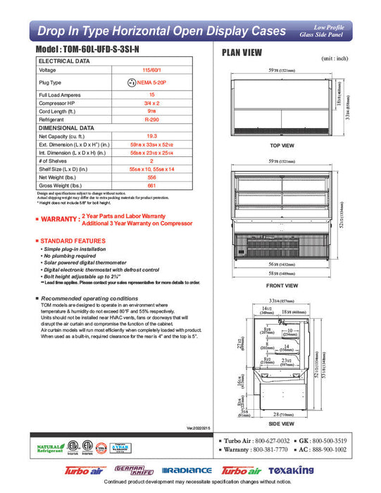 Turbo Air TOM-60L-UFD-S-3SI-N 60" Drop-In Horizontal Open Air Cooler w/ (3) Levels – Stainless Steel Exterior, 115v - Bakery Wholesalers