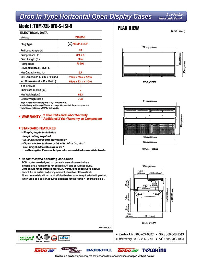 Turbo Air TOM-72L-UFD-S-1SI-N 72" Drop-In Horizontal Open Air Cooler w/ (1) Level – Stainless Steel Exterior, 220v/1ph - Donut-Equipment.com