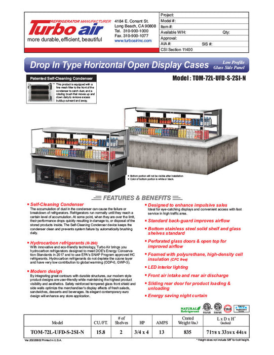 Turbo Air TOM-72L-UFD-S-2SI-N 72" Drop-In Horizontal Open Air Cooler w/ (2) Levels – Stainless Steel Exterior, 220v/1ph - Bakery Wholesalers