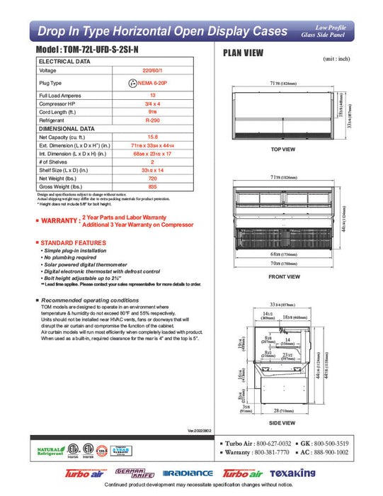 Turbo Air TOM-72L-UFD-S-2SI-N 72" Drop-In Horizontal Open Air Cooler w/ (2) Levels – Stainless Steel Exterior, 220v/1ph - Bakery Wholesalers