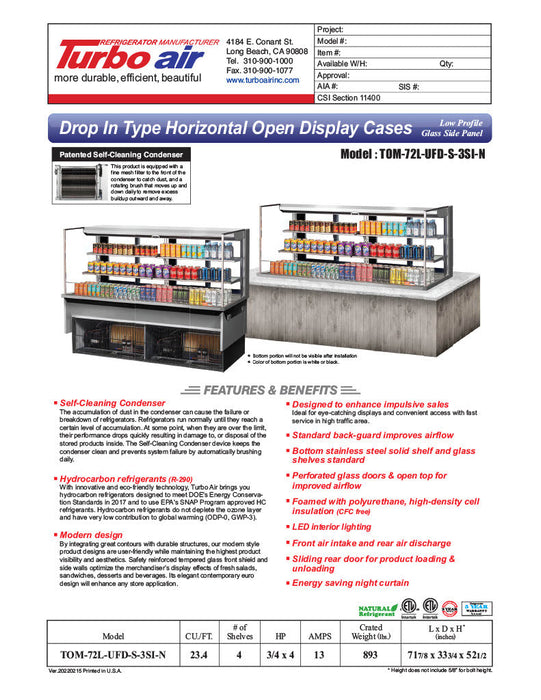 Turbo Air TOM-72L-UFD-W-3SI-N 72" Drop-In Horizontal Open Air Cooler w/ (4) Levels – White Exterior, 220v/1ph - Bakery Wholesalers