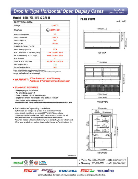 Turbo Air TOM-72L-UFD-W-3SI-N 72" Drop-In Horizontal Open Air Cooler w/ (4) Levels – White Exterior, 220v/1ph - Bakery Wholesalers