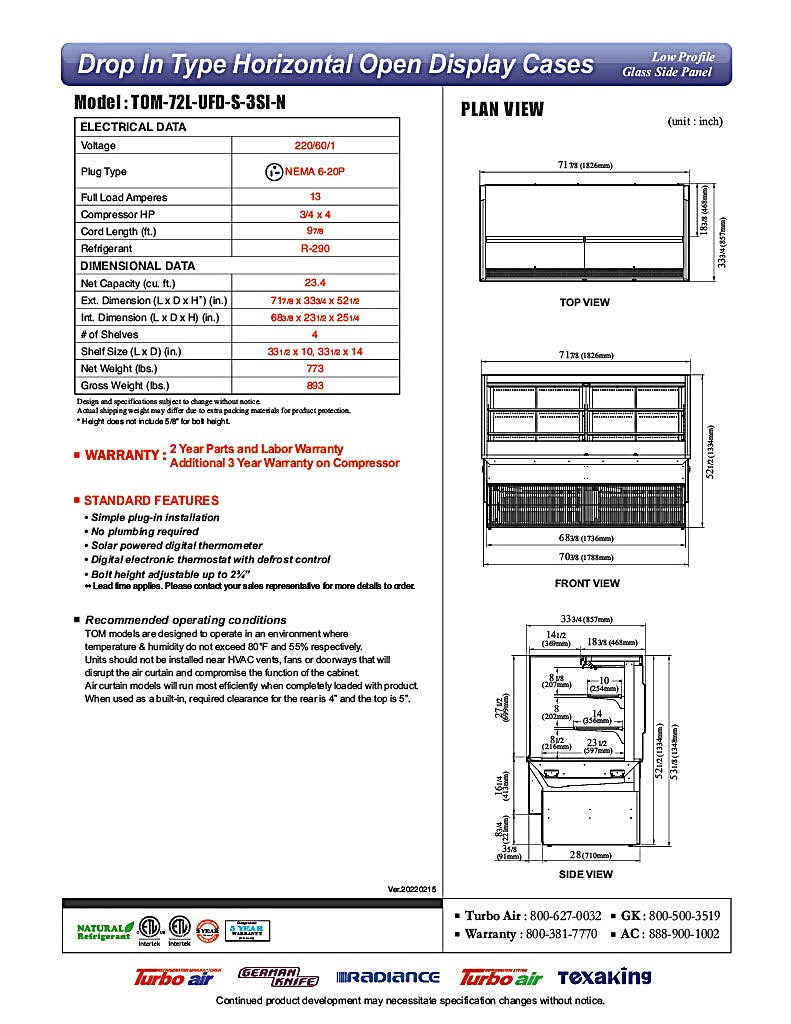 Turbo Air TOM-72L-UFD-W-3SI-N 72" Drop-In Horizontal Open Air Cooler w/ (4) Levels – White Exterior, 220v/1ph - Donut-Equipment.com