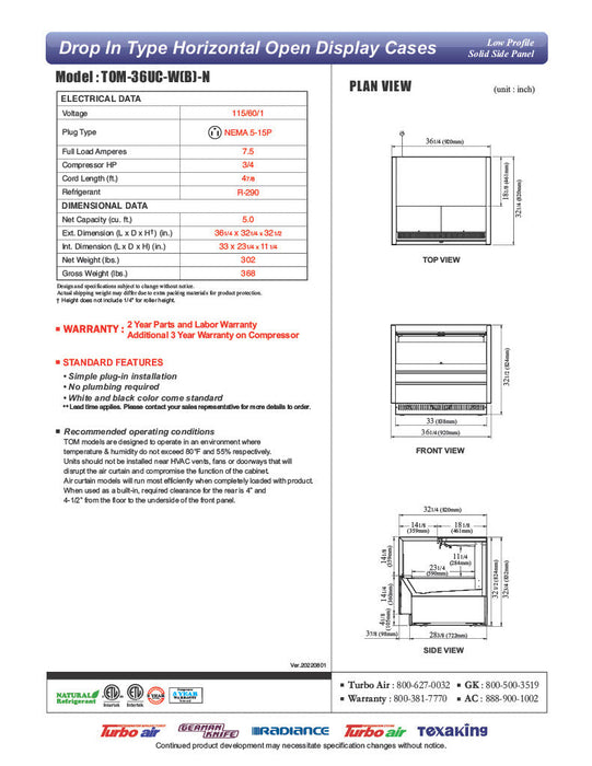 Turbo Air TOM-36UC-W-N 36 1/4" Horizontal Open Air Cooler w/ (1) Level – White Exterior, 115v - Donut-Equipment.com