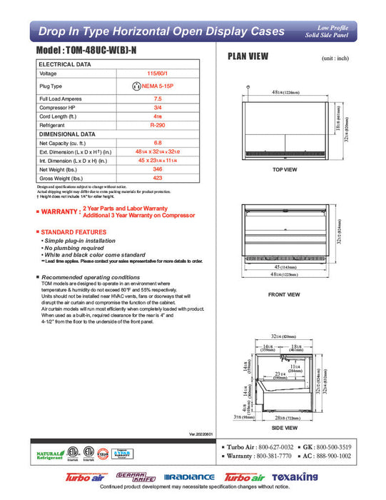 Turbo Air TOM-48UC-B-N 48 1/4" Horizontal Open Air Cooler w/ (1) Level – Black Exterior, 115v - Bakery Wholesalers