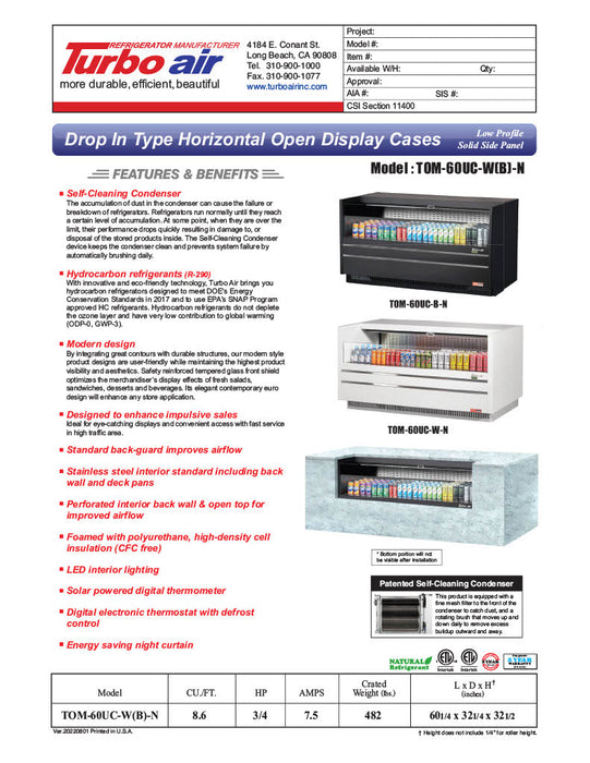 Turbo Air TOM-60UC-W-N 60 1/4" Horizontal Open Air Cooler w/ (1) Level – White Exterior, 115v - Bakery Wholesalers