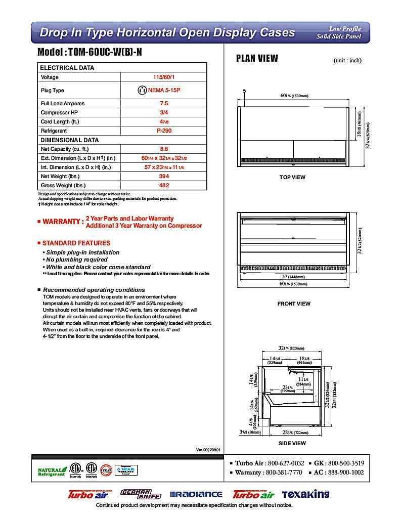 Turbo Air TOM-60UC-W-N 60 1/4" Horizontal Open Air Cooler w/ (1) Level – White Exterior, 115v - Donut-Equipment.com