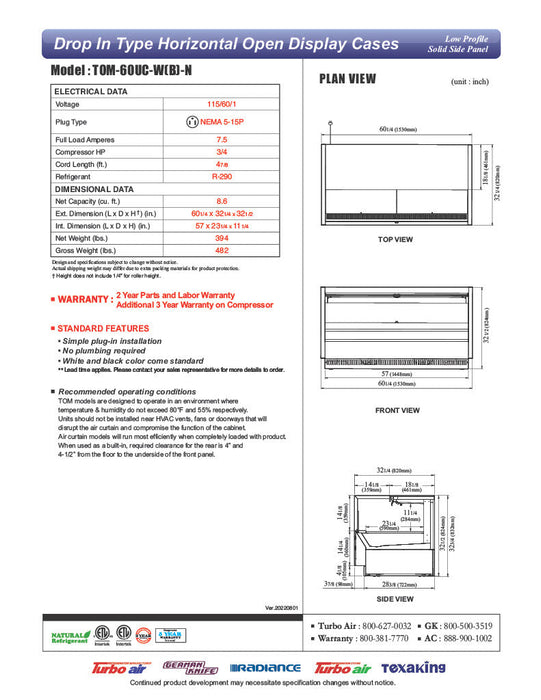 Turbo Air TOM-60UC-B-N 60 1/4" Horizontal Open Air Cooler w/ (1) Level – Black Exterior, 115v - Bakery Wholesalers