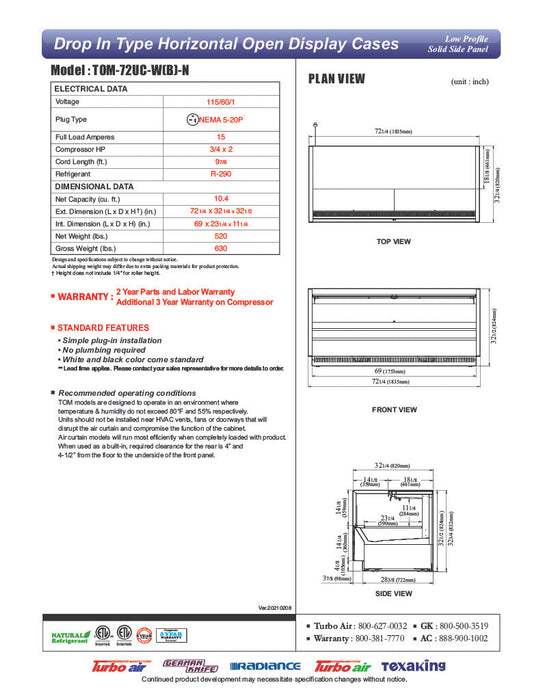 Turbo Air TOM-72UC-W-N 72 1/4" Horizontal Open Air Cooler w/ (1) Level – White Exterior, 115v - Bakery Wholesalers