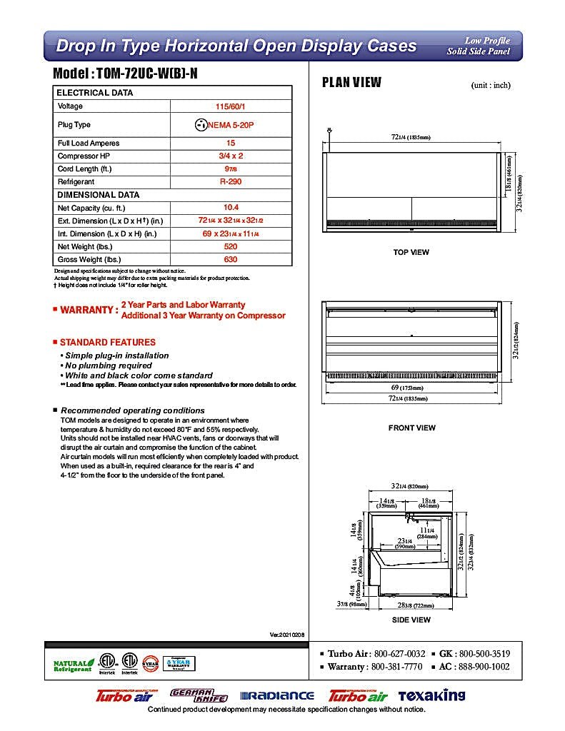 Turbo Air TOM-72UC-W-N 72 1/4" Horizontal Open Air Cooler w/ (1) Level – White Exterior, 115v - Donut-Equipment.com
