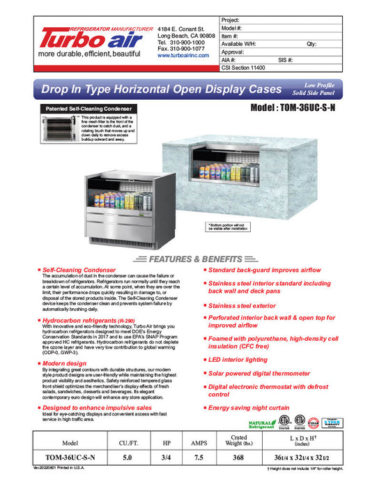 Turbo Air TOM-36UC-S-N 36 1/4" Drop-In Horizontal Open Air Cooler w/ (1) Level – Stainless Steel Exterior, 115v - Bakery Wholesalers