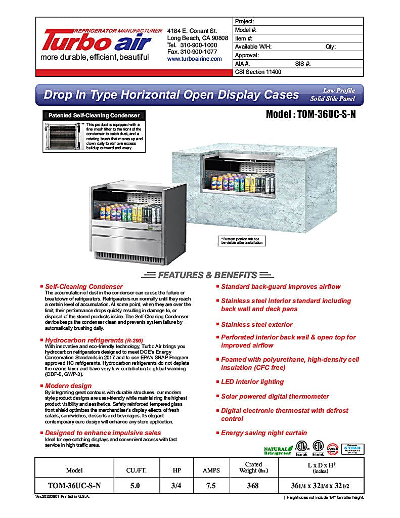 Turbo Air TOM-36UC-S-N 36 1/4" Drop-In Horizontal Open Air Cooler w/ (1) Level – Stainless Steel Exterior, 115v - Donut-Equipment.com