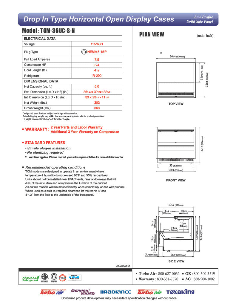 Turbo Air TOM-36UC-S-N 36 1/4" Drop-In Horizontal Open Air Cooler w/ (1) Level – Stainless Steel Exterior, 115v - Donut-Equipment.com